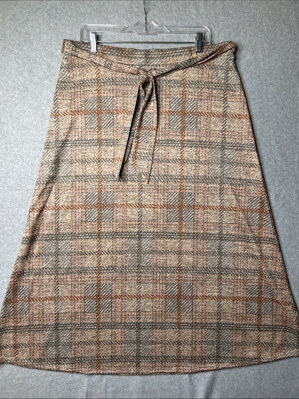 Plaid A-Line Midi Skirt with Self-Tie Waist - Beige‎ Rust Gray